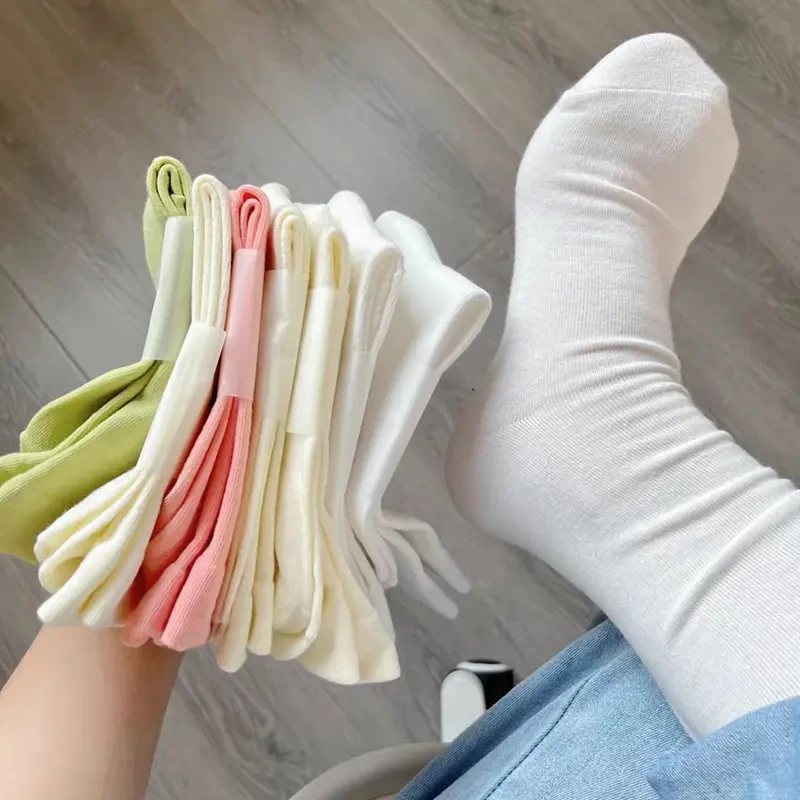 5双装春秋无骨袜子女白色月子袜中筒新疆棉堆堆长袜百搭纯色诸暨