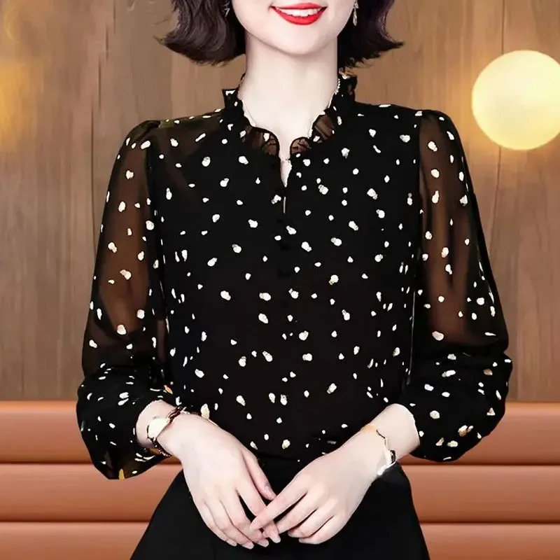 高档琉璃丝法式印花长袖衬衫女新款气质百搭宽松外穿洋气小衫上衣