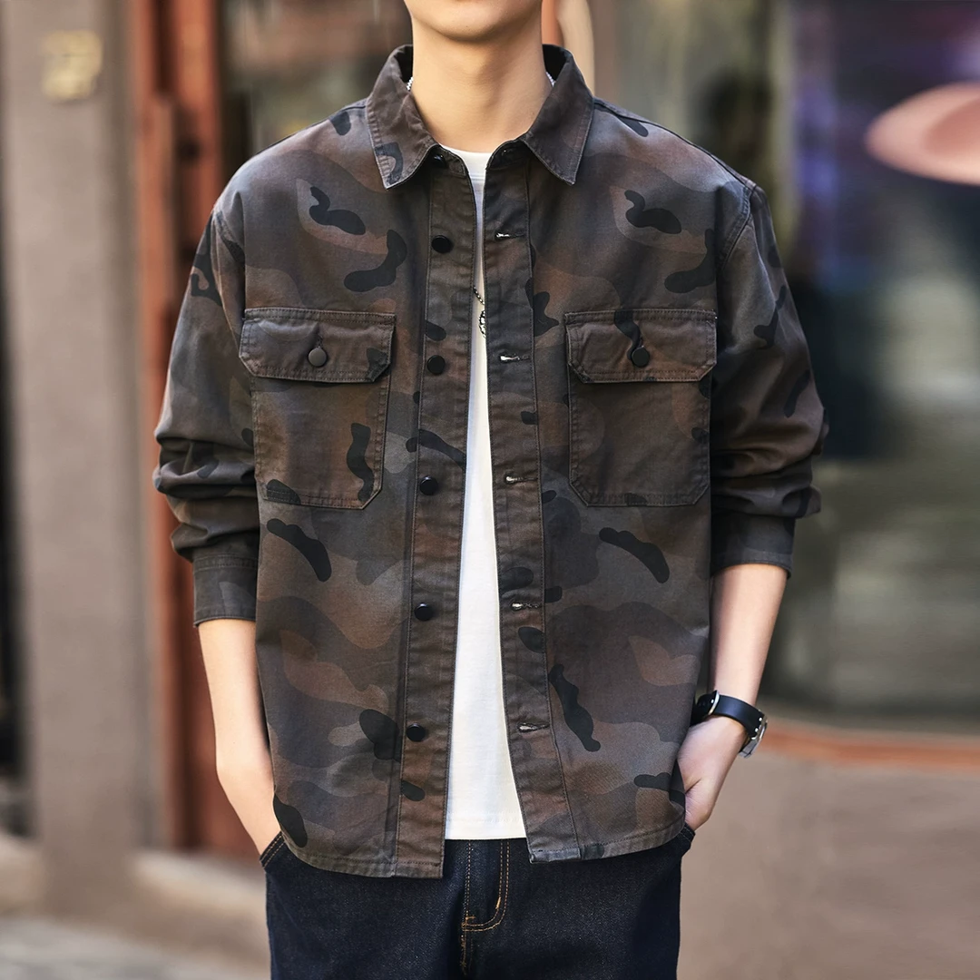 格蓝鹿高端美式复古潮牌迷彩工装衬衫男秋季新款宽松长袖衬衣外套