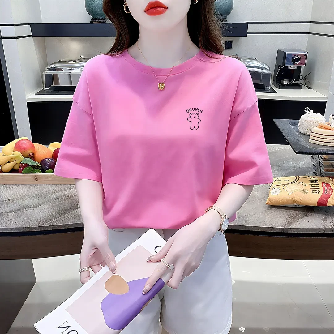 欧货玫粉色短袖t恤女2025新款夏季宽松显瘦减龄超火打底衫上衣ins