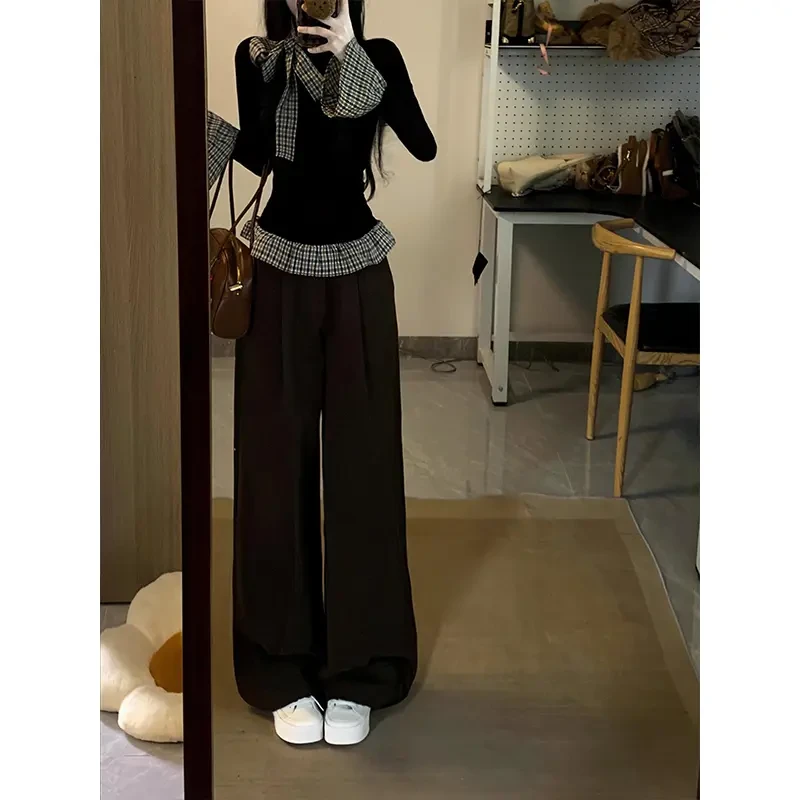 T恤女2025早春辣妹风修身假两件拼接黑色打底衫休闲减龄百搭上衣