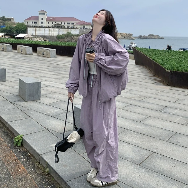 紫色韩系休闲运动套装女2024早秋新款宽松显瘦慵懒风束脚裤两件套