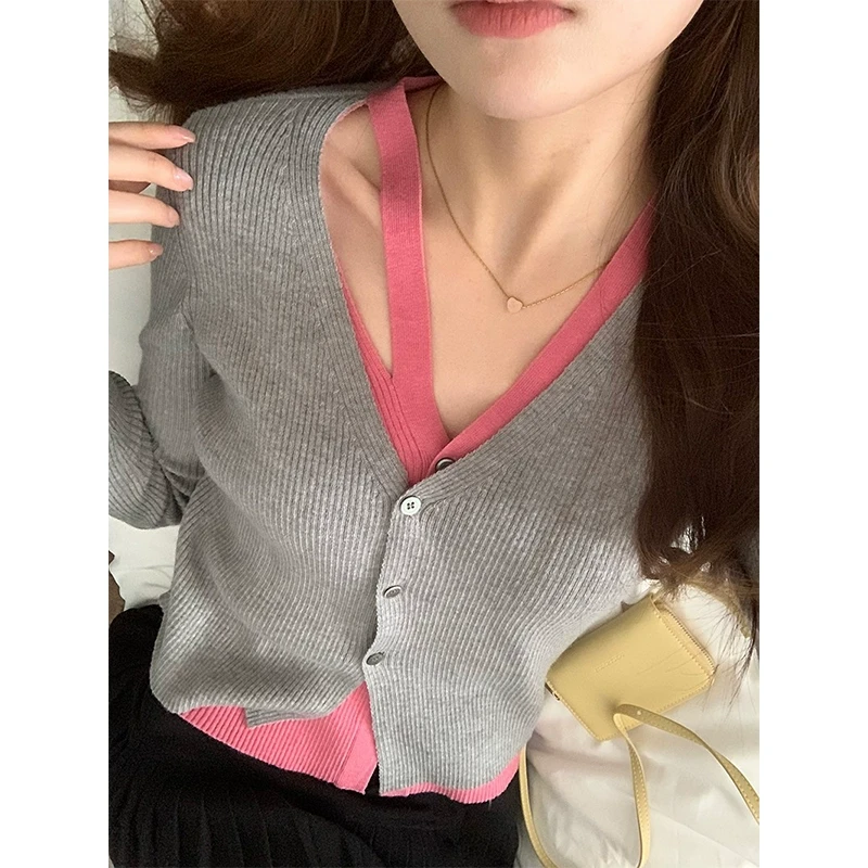 断码捡漏 初春悸动撞色假两件挖肩长袖针织衫女设计感打底-61