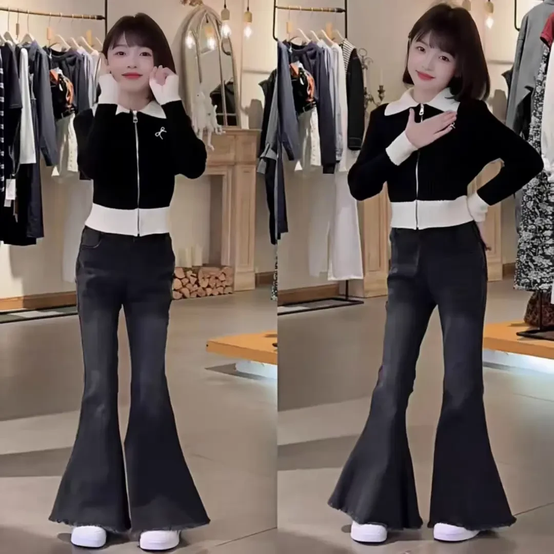 女童毛衣套装秋装2025新款儿童洋气时髦大童针织开衫喇叭裤两件套