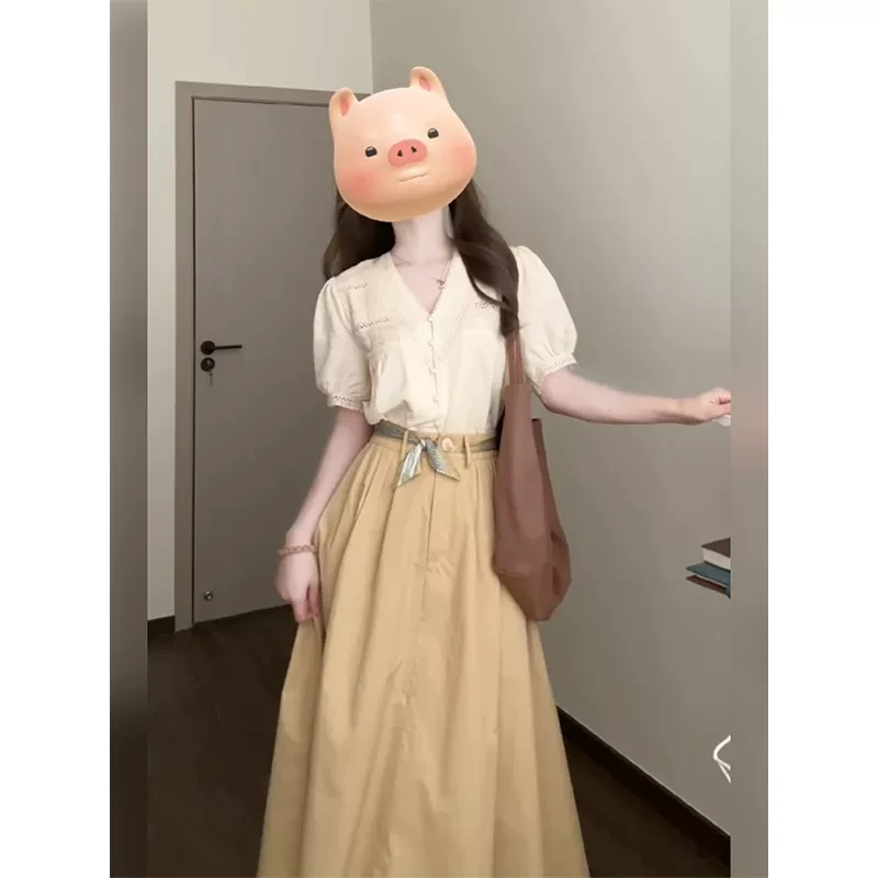 夏装通勤搭配一整套女2025夏季新款盐系轻熟短袖衬衫半身裙两件套