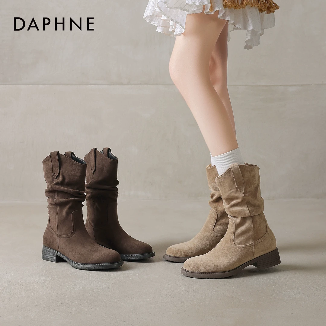 达芙妮中筒靴子女秋冬2025新款女靴加绒高跟短靴冬季堆堆靴瘦瘦靴