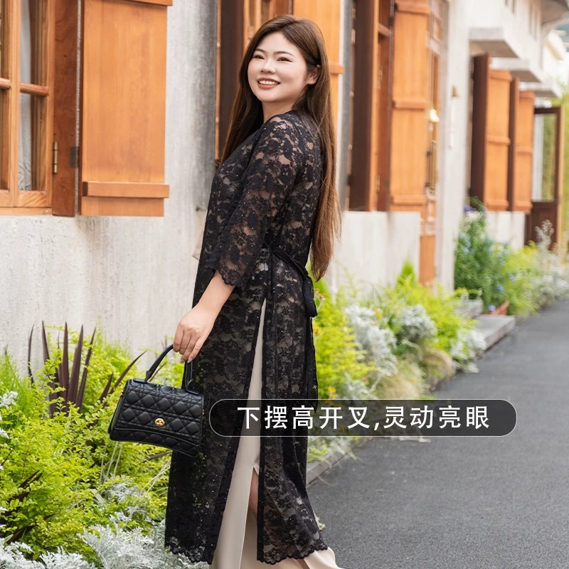 美丽客栈绿肥红瘦夏季长袖开衫胖mm大码镂空蕾春夏胖mm蕾丝上衣