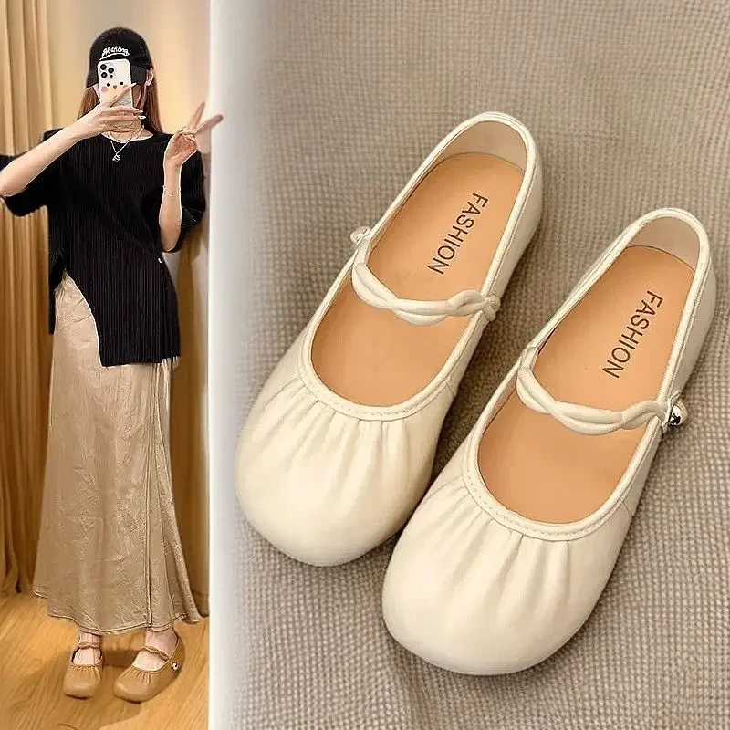 玛丽珍豆豆鞋女舒适2025春夏新款浅口一字带单鞋法式百搭褶皱凉鞋