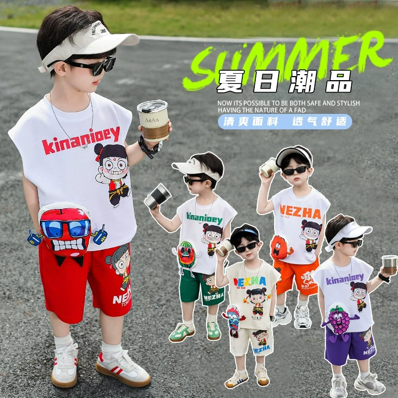 男童夏装背心套装2025新款儿童洋气无袖上衣短裤哪吒背心夏季套装