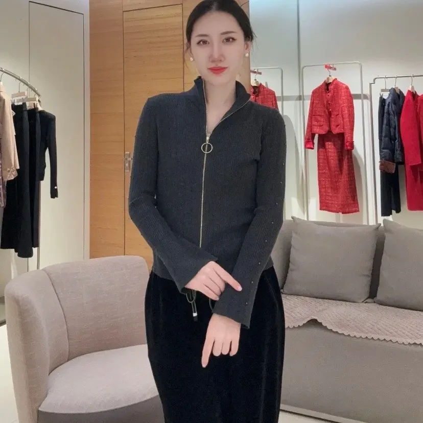 【多多】高级百搭秋款新品 美利奴羊毛半高领喇叭袖拉链开衫Y2559