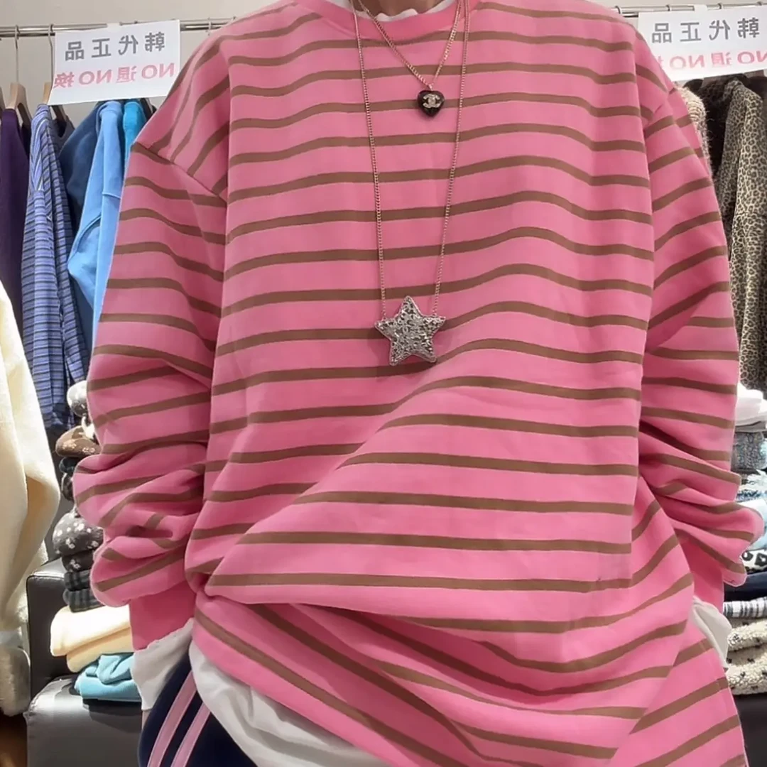 舜 韩代粉咖条纹圆领长袖休闲卫衣