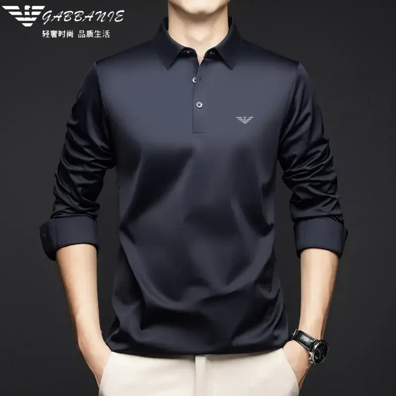 意大利轻奢春季新款桑蚕丝男长袖t恤翻领宽松中年高档无痕POLO衫