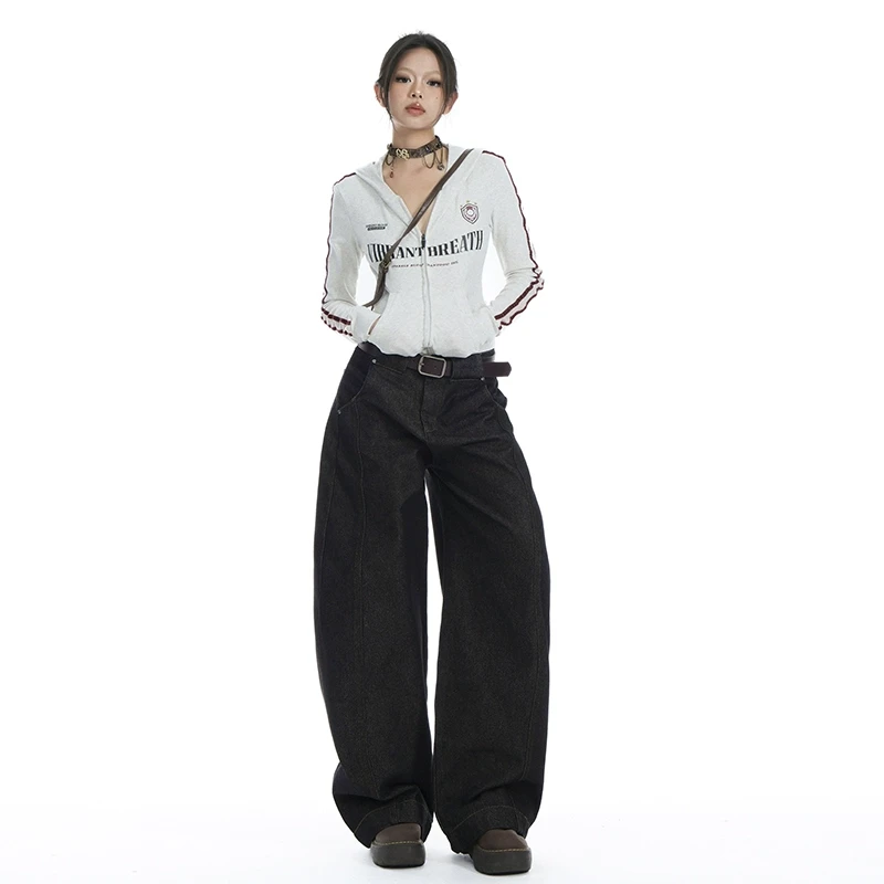 BRN2025年春季阔腿弯刀牛仔裤男女新款美式复古宽松直筒拖地裤子