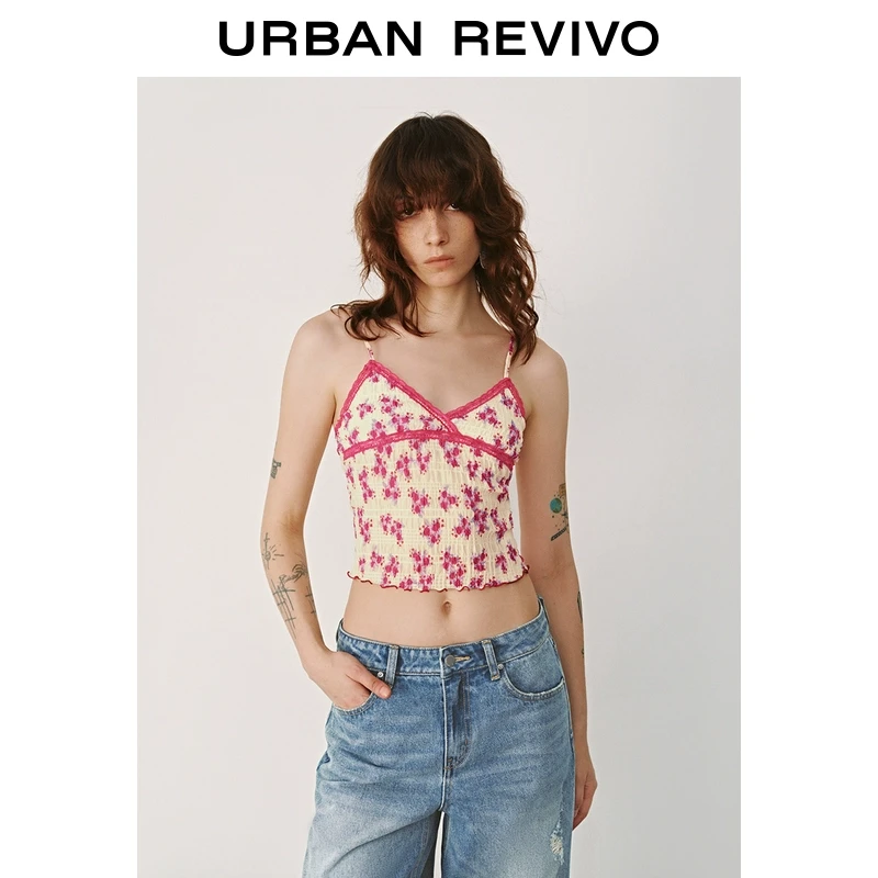 UR2025春季新款女装欧若风浪漫碎拼接花蕾丝吊带背心UYL450033