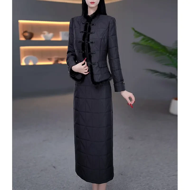 新中式秋冬新款夹棉外套+连衣裙气质保暖时尚百搭国风加厚两件套