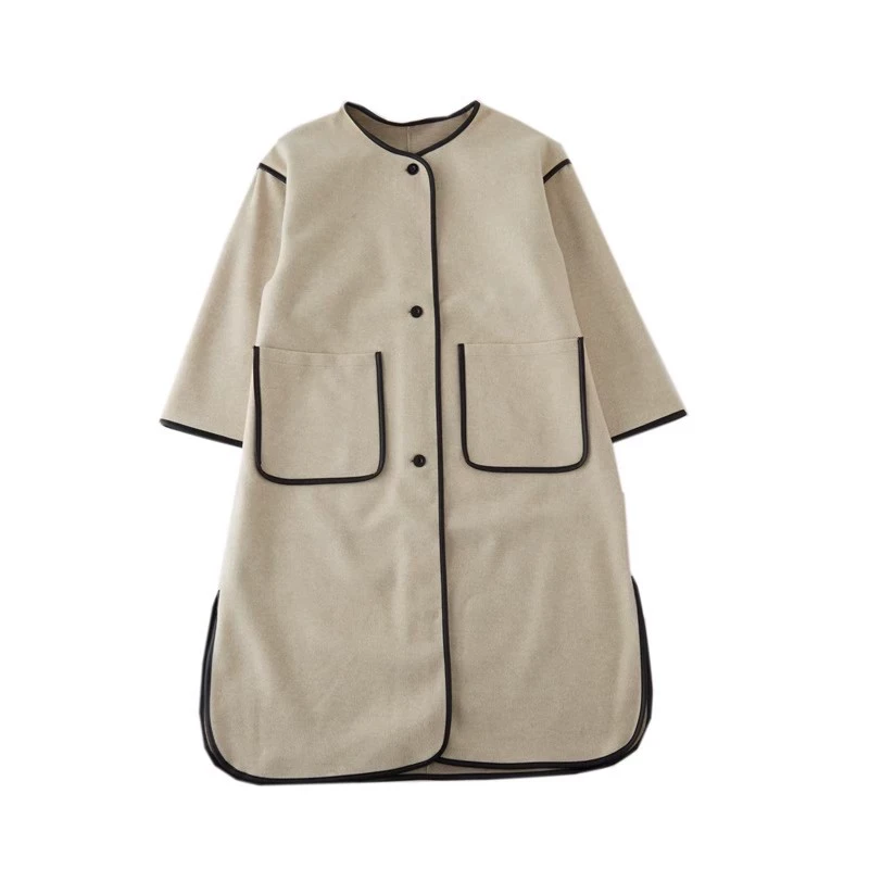 日单秋冬女 pu包边 长款单排扣 宽松日系毛呢外套大衣25H