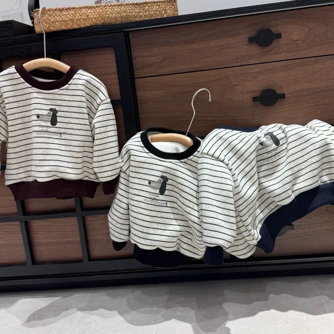 男女宝宝冬季条纹卡通小狗加绒宽松保暖卫衣