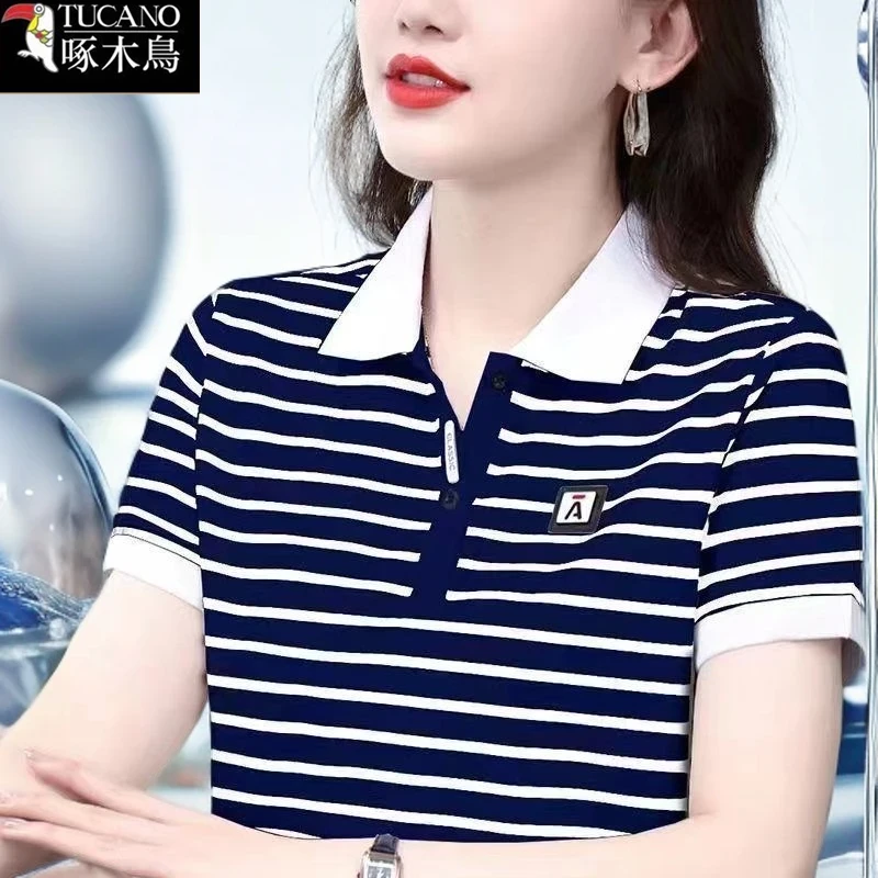 啄木鸟新款翻领短袖T恤条纹设计感女2025年夏季休闲时尚运动上衣