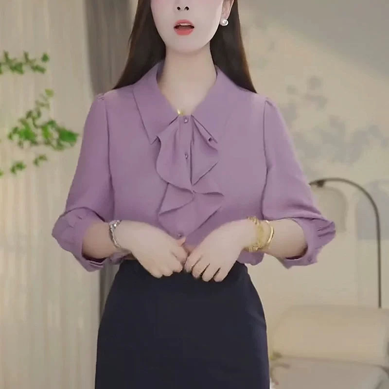 紫色荷叶边气质短袖衬衫女士夏季2025新款时尚宽松减龄设计感上衣