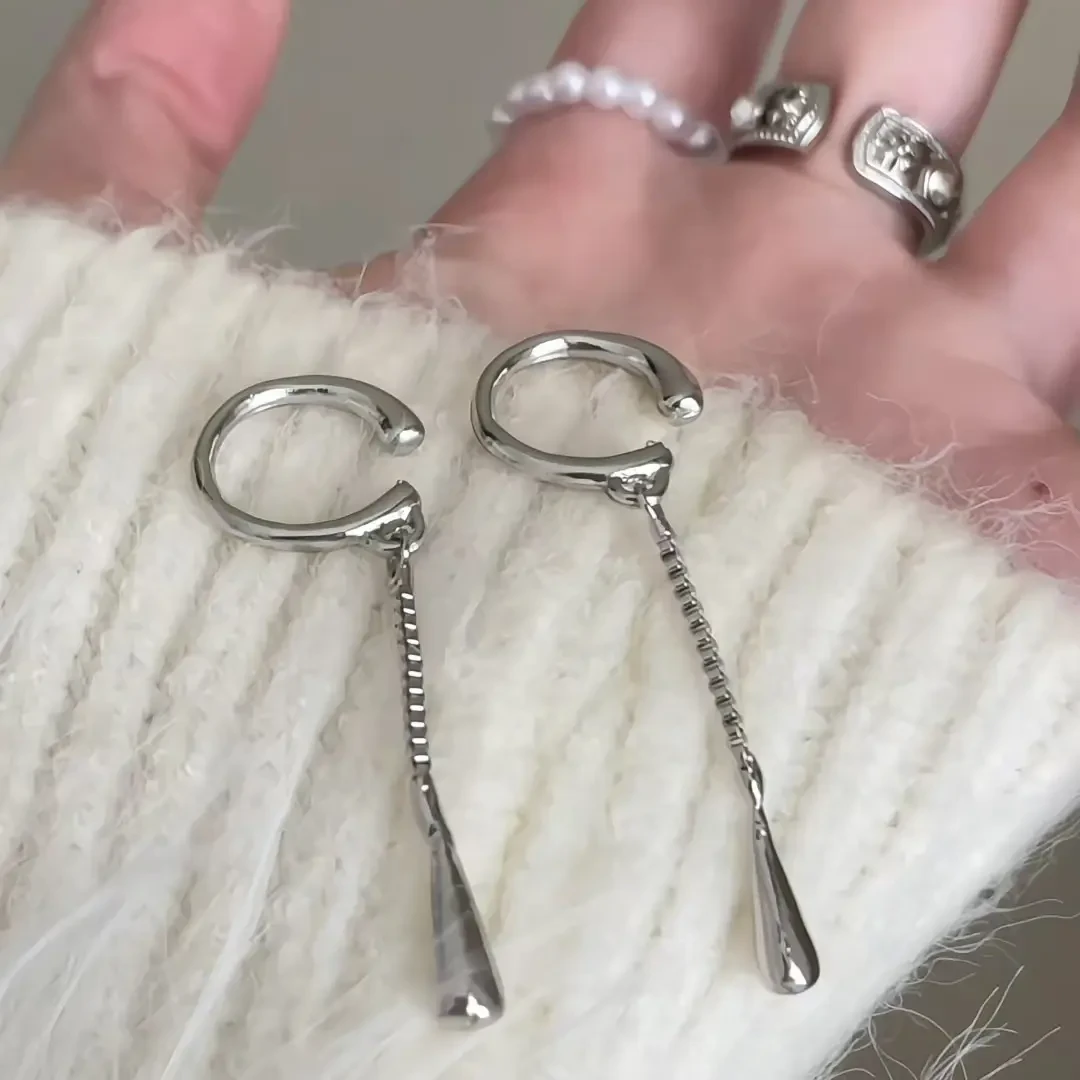 铜合金耳饰 ins冷淡风简约长款流苏链条水滴无耳洞耳骨夹小众耳夹