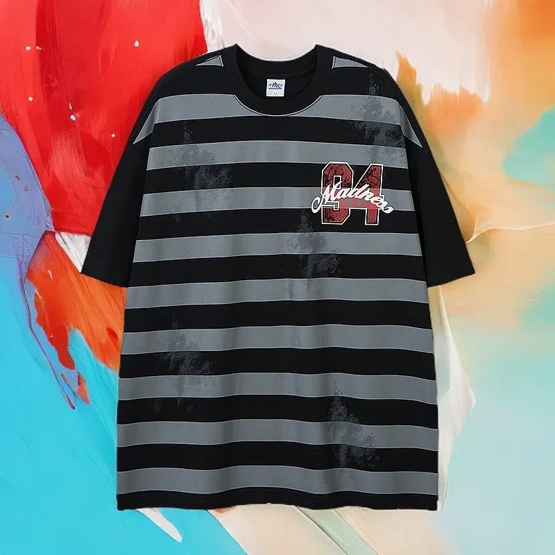 2025高街设计师条纹慵懒风T恤半袖针织夏季男士情侣上衣撞色宽松