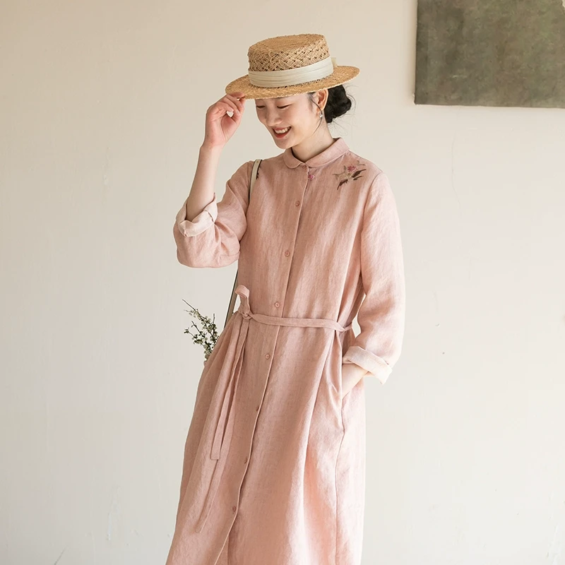 牧衣游原创 汉麻手工刺绣风衣女新款宽松粉色文艺百搭外套 念夏