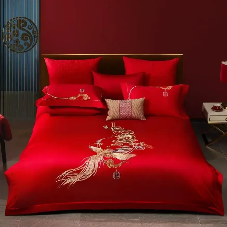 红绣喜嫁100支长绒棉大红色婚庆四件套中式结婚喜庆婚房床上用品