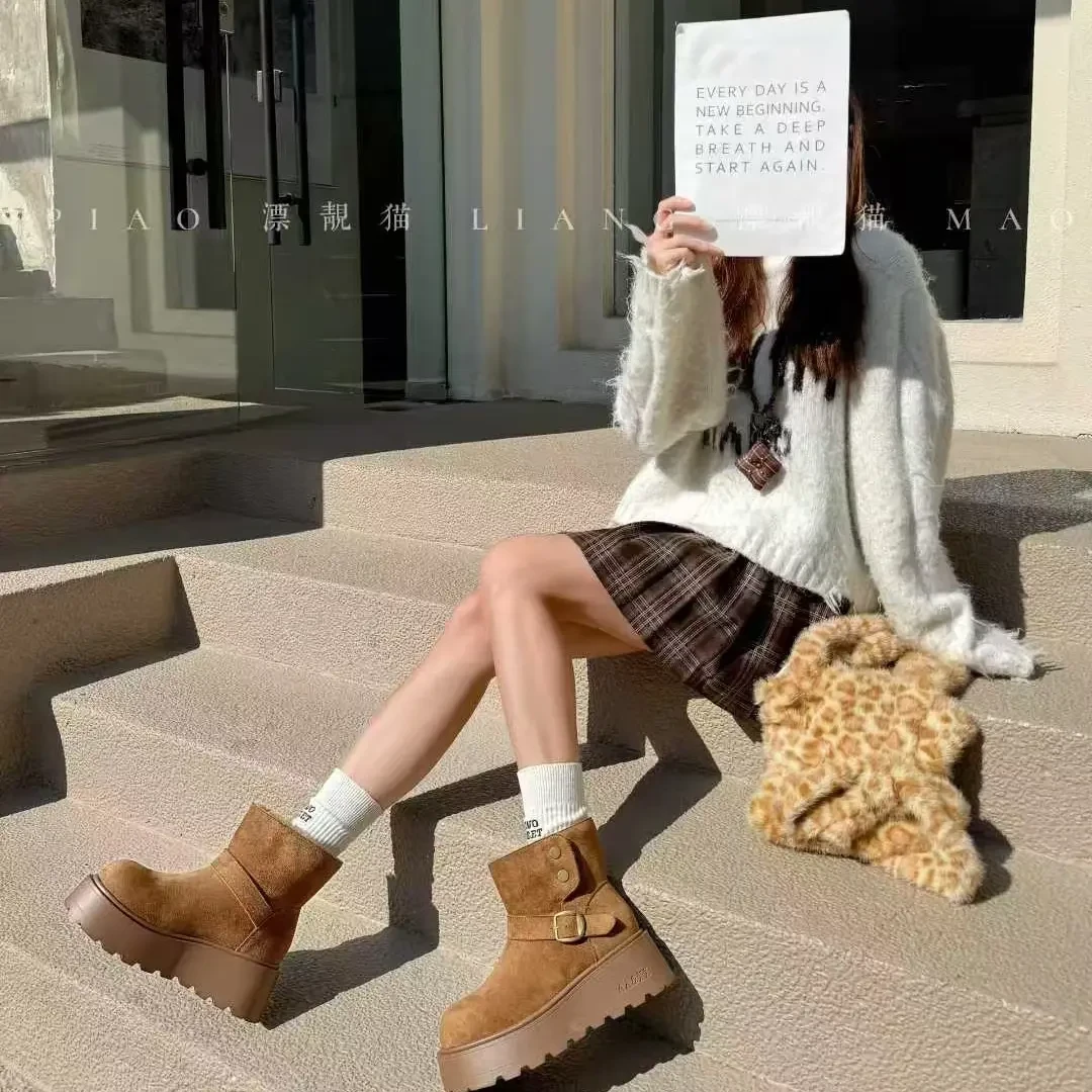 厚底增高加绒加厚雪地靴女冬季保暖防滑中筒毛毛圆头棉