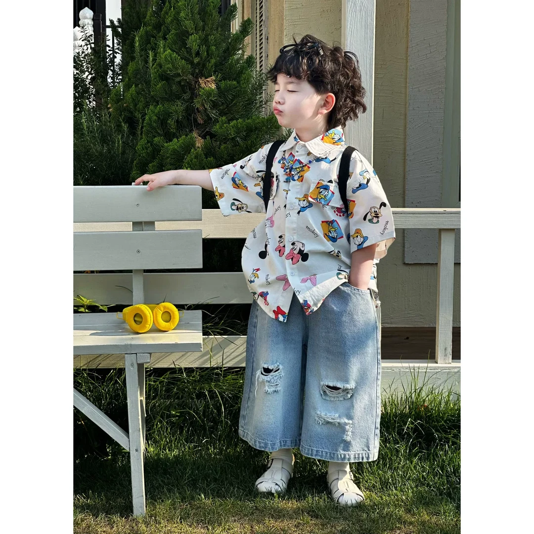 【现货】kb7205&06|【唐老鸭】夏季儿童韩版唐老鸭全家福衬衫裤子整套