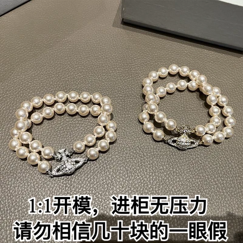 铜合金亚克力手链 西太后双层珍珠满钻土星手链复古中古气质嵌钻