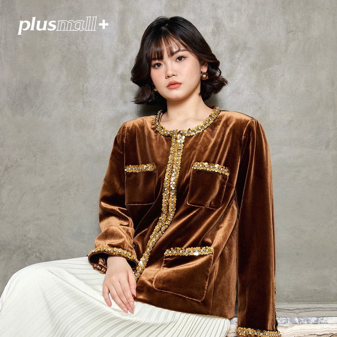 PLUSMALL 浮金晚宴 丝绒重工珠片织带优雅小香风外套PAC2412008