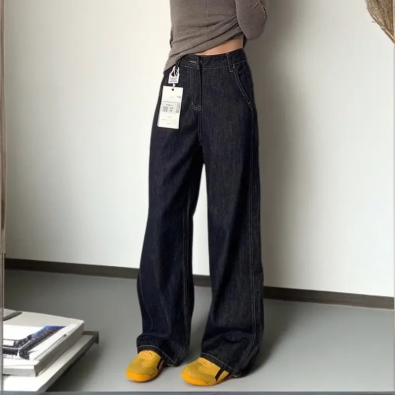 丹宁蓝高腰拼接窄版阔腿牛仔裤女2025年新款秋冬宽松显瘦裤子