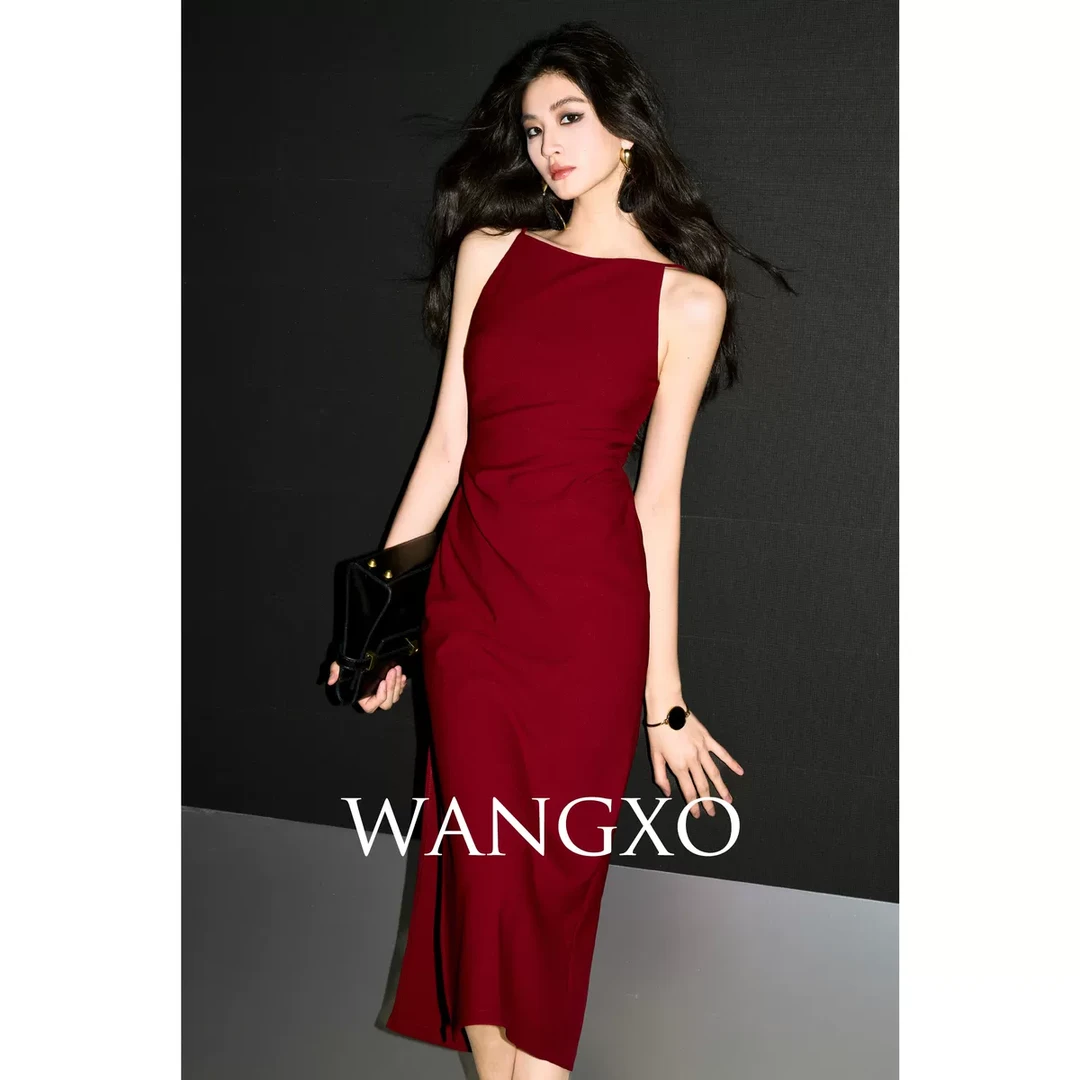 WANGXO｜蚂蚁皱乱麻针织｜手工3D捏褶｜一字领侧开叉气质连衣裙