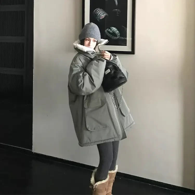大码赵露思同款羊羔毛绒工装派克棉服外套女冬季宽松加厚外套