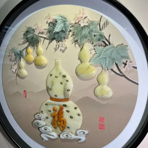 手工玉雕画《五福临门》新中式入户玄关圆形立体装饰挂画