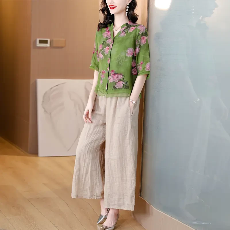 【单/套装】中年气质宽松衬衫短袖上衣中老年女衬衣套装