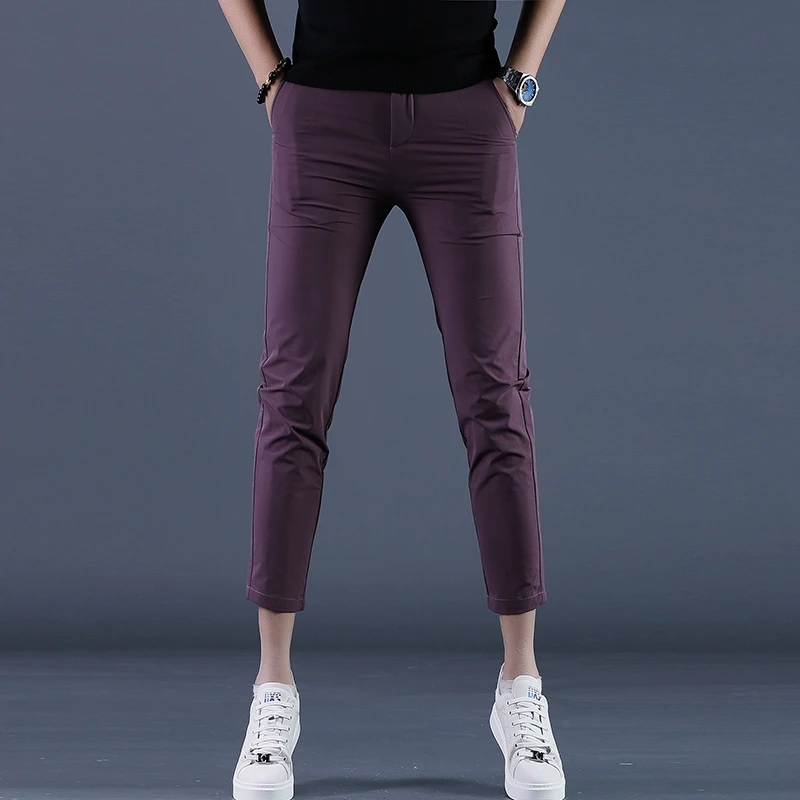 夏季新款九分裤百搭修身显瘦小脚裤潮流男士休闲裤玫红色商务西裤