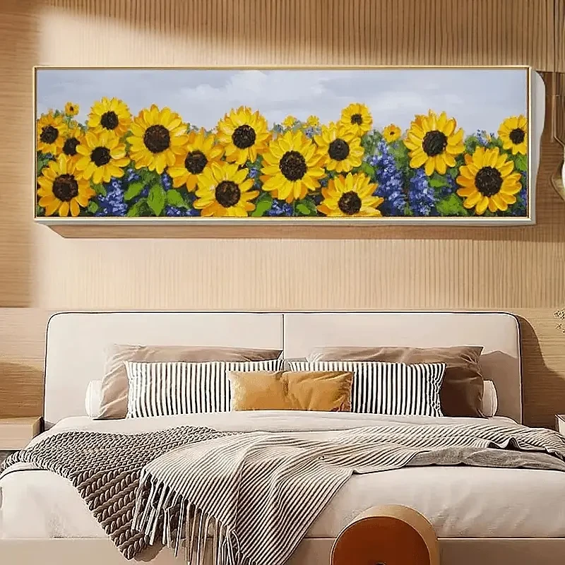 向日葵手工油画床头装饰画背景单幅铝合金装裱