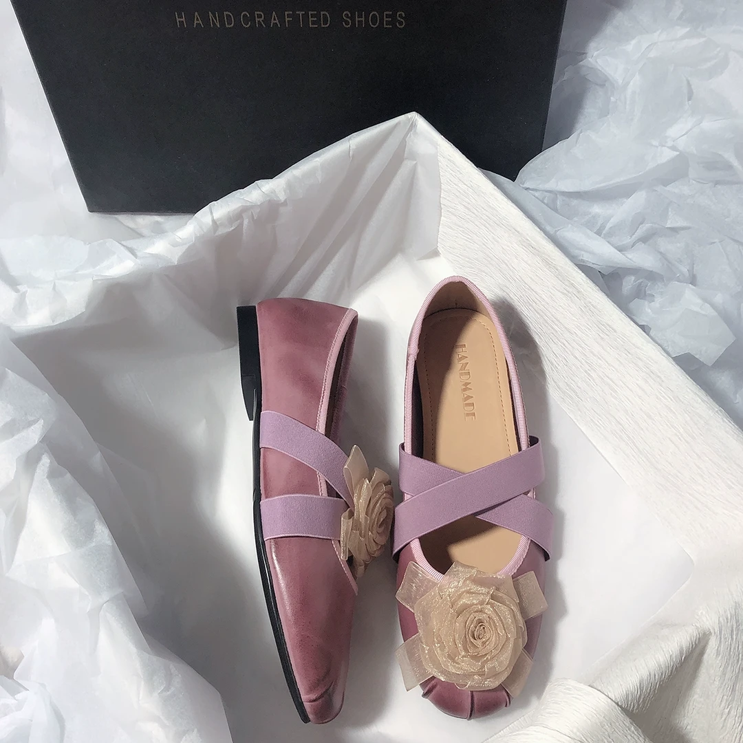 森屿海巷 网红风爆款软纱纱花交叉带高跟舒适芭蕾玛丽珍单鞋