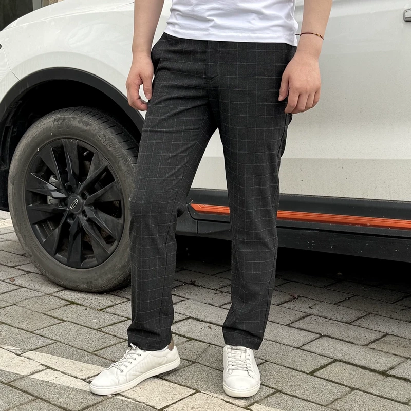 712525  夏季新款男士薄款休闲裤男修身中腰深灰格子九分裤