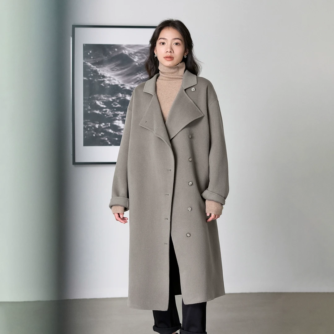 梭家｜阳光下阅读｜简约气质羊绒羊毛双面呢中长大衣灰色毛呢外套