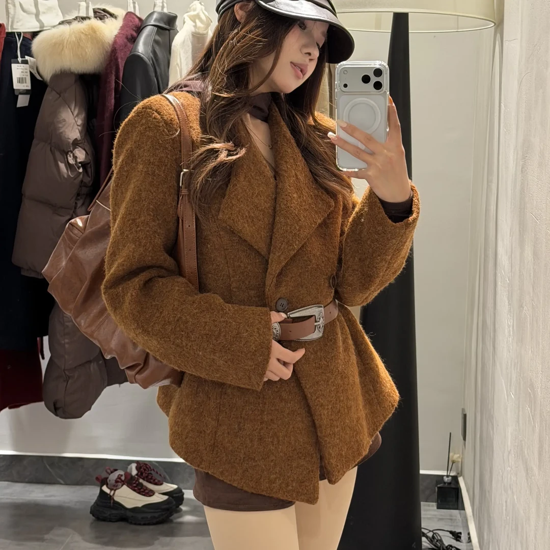 女式长款毛呢外套秋冬西装领夹棉加厚复古气质呢子大衣