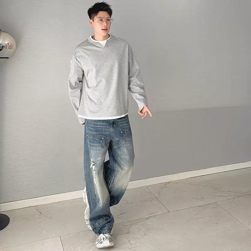 朱渣渣极简叠穿层次感假两件v领长袖T恤男春秋宽松慵懒风cleanfit