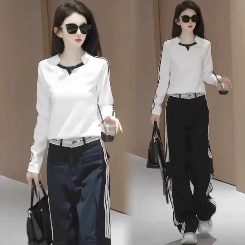 时尚休闲套装女2025春季新款洋气显瘦不规则长袖上衣阔腿裤两件套