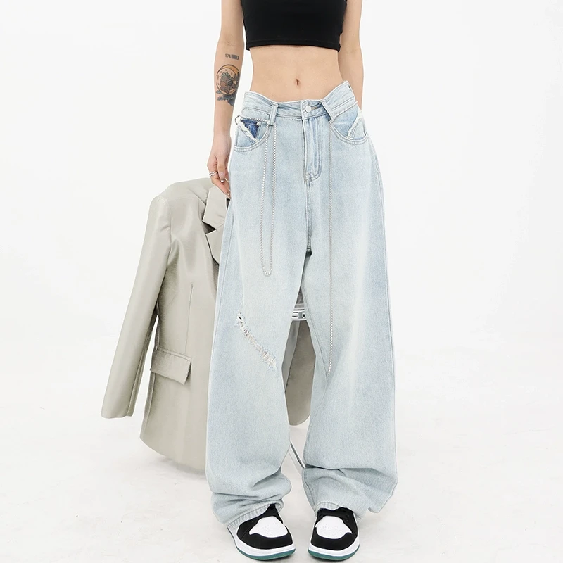 【五折福利】KEN STUDIO水洗做旧破洞牛仔裤2024宽松显瘦毛边阔腿裤