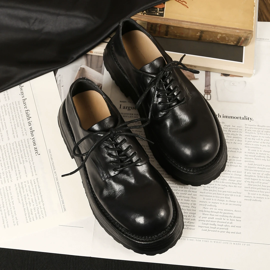 舒适水洗马皮黑色小皮鞋女春新款复古软底厚底英伦风大头德比鞋潮