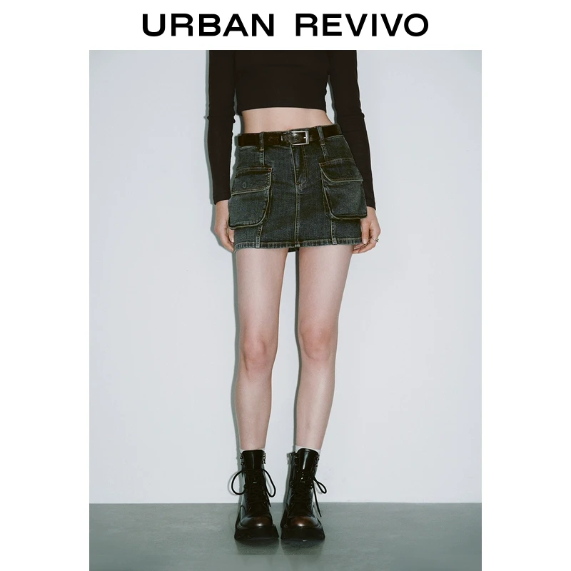 UR女装复古美式洗水立体贴袋牛仔半裙UYY840072