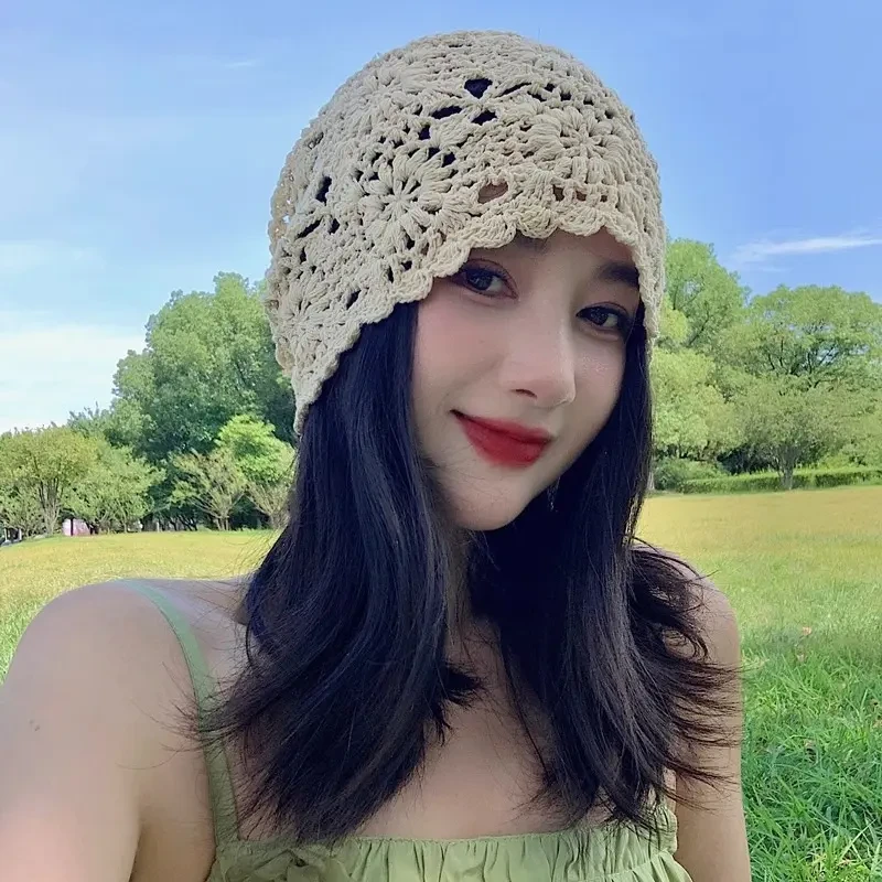 网红春秋镂空手工钩花堆堆帽子女薄款针织帽夏季透气百搭包头帽潮