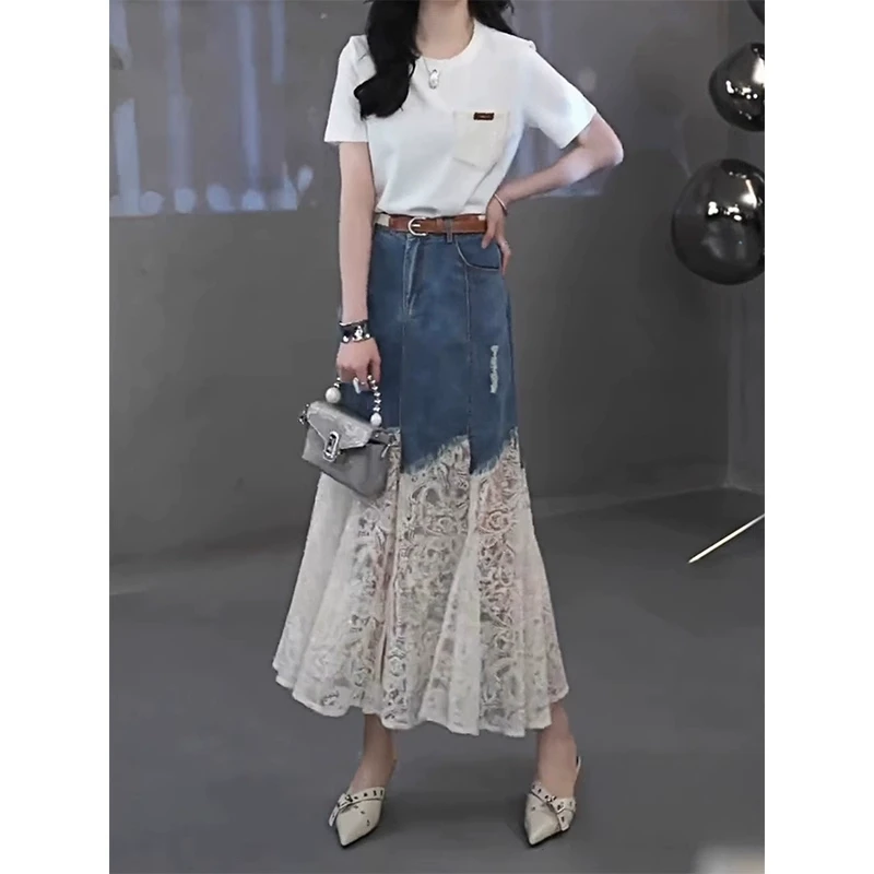 2025夏季洋气收腰显瘦时尚气质蕾丝拼接牛仔半身裙法式设计感半裙