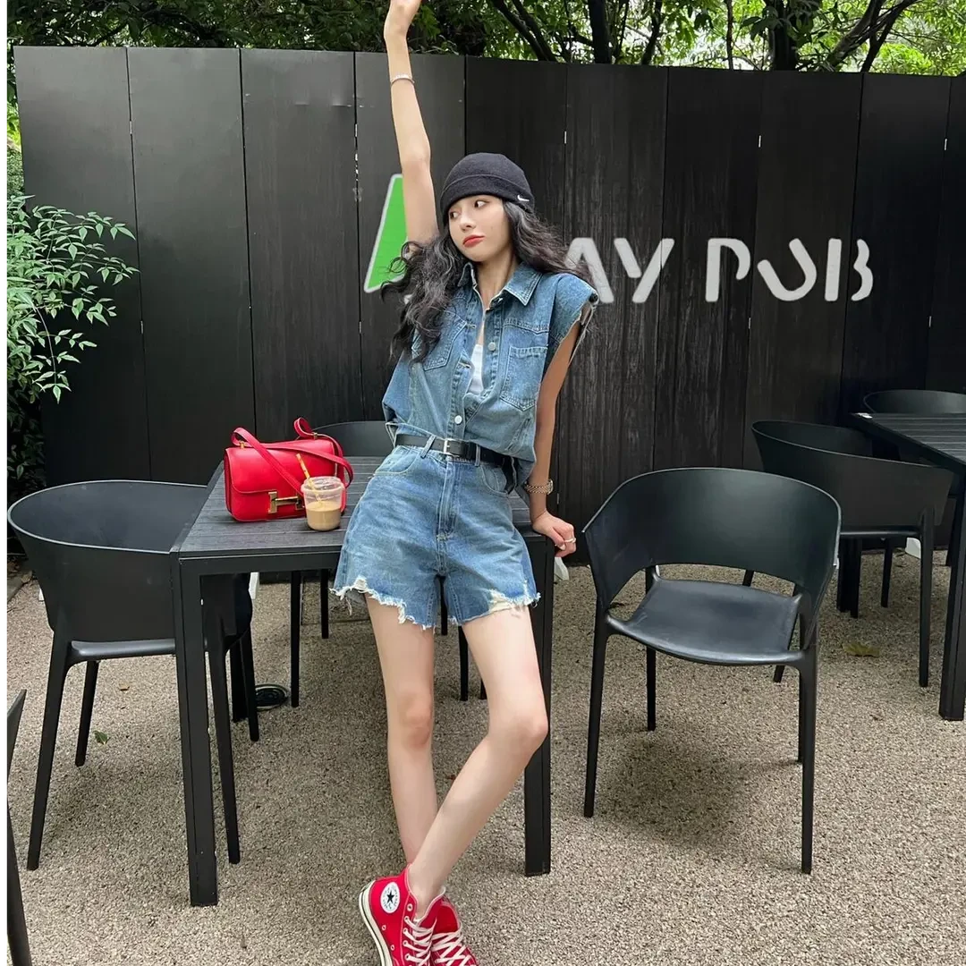 复古时尚套装复古POLO领无袖牛仔背心外套高腰阔腿短裤子两件套女